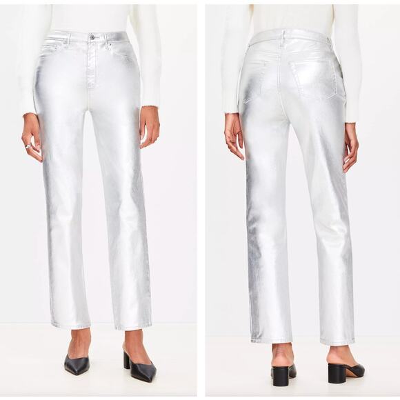 LOFT 2024 Curvy Coated High Rise Straight Jean Silver Metallic Sz 32 NWT {3T13} - Picture 1 of 3